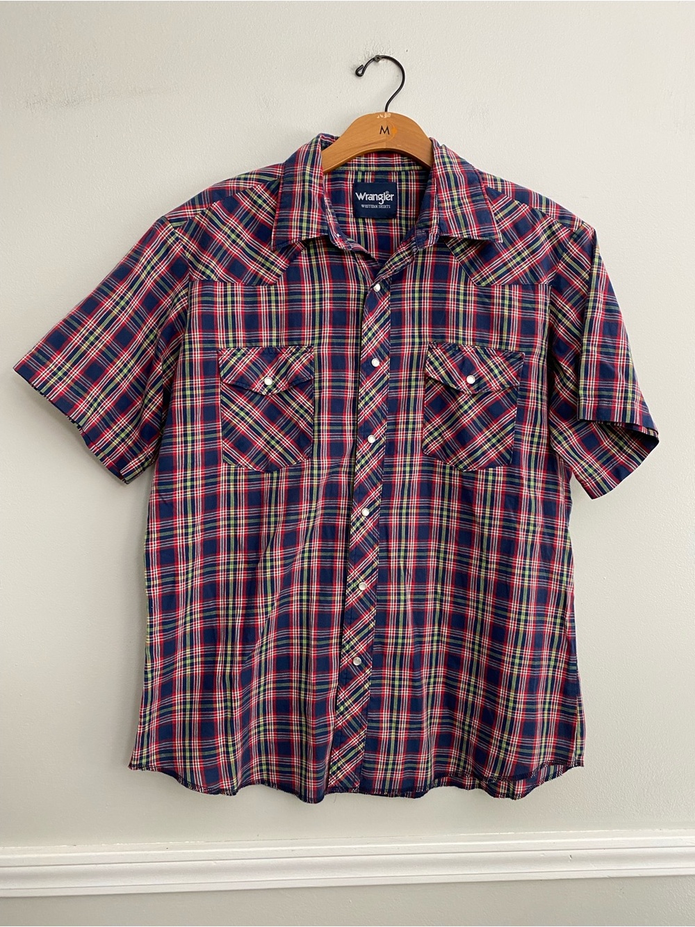 Vintage Men’s Wrangler Western Pearl Snap Short Sleeve Red Blue - L
